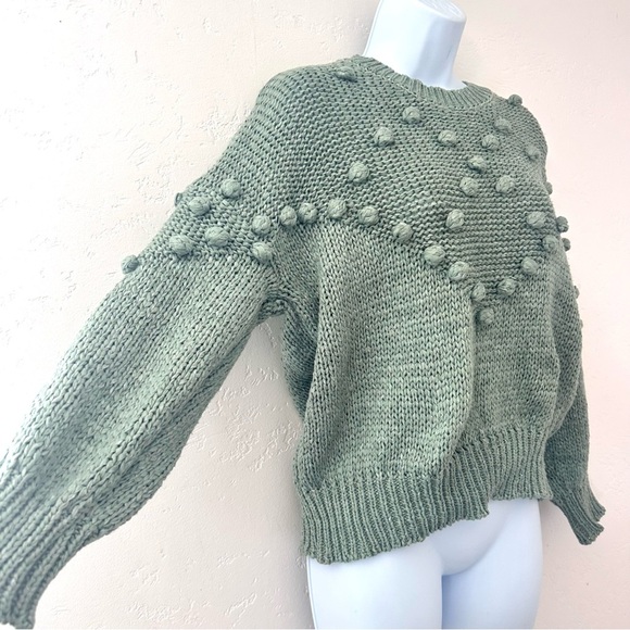 Chicwish Pom-Pom Textured Trim Chunky Knit Sweater in Sage Green Size S/M - Picture 3 of 10